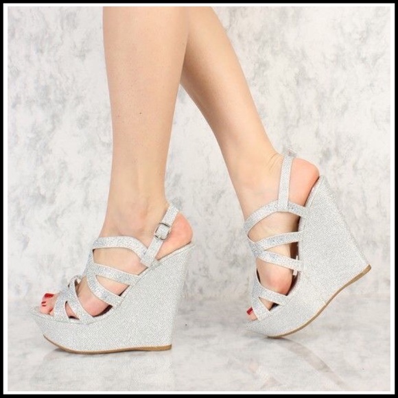 Silver Rhinestone Shimmer Platform Wedges - Picture 3 of 6